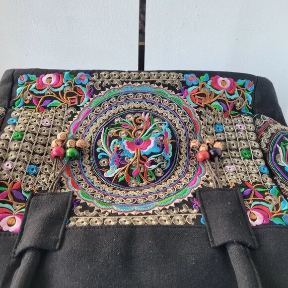 Floral Embroider Ethnic Ladies Large Tote/Shoulder Bag with Wooden Beading - Picture 8 of 12